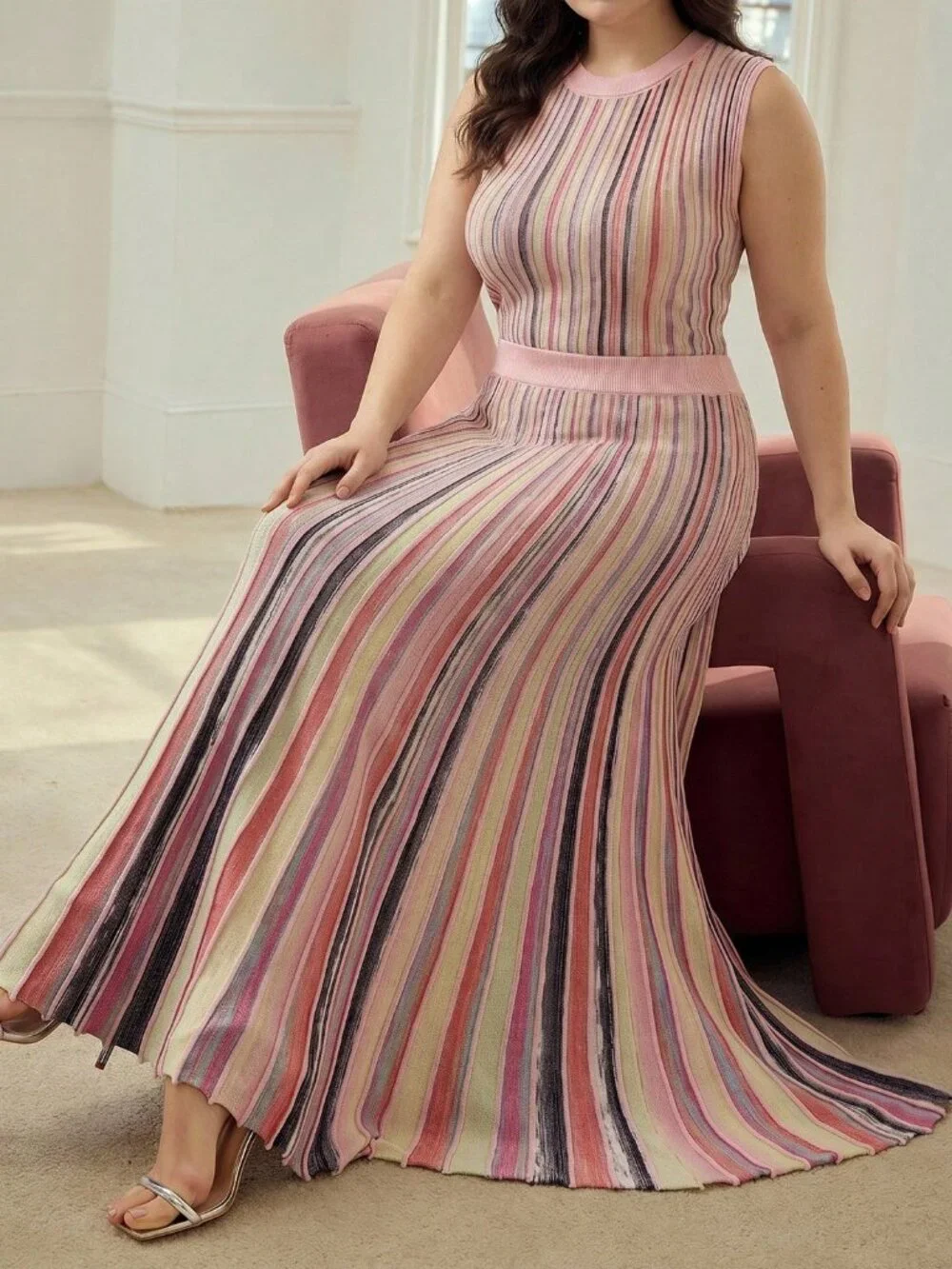 Pink Casual Women's Plus Size Contrast Striped Sweater Vest